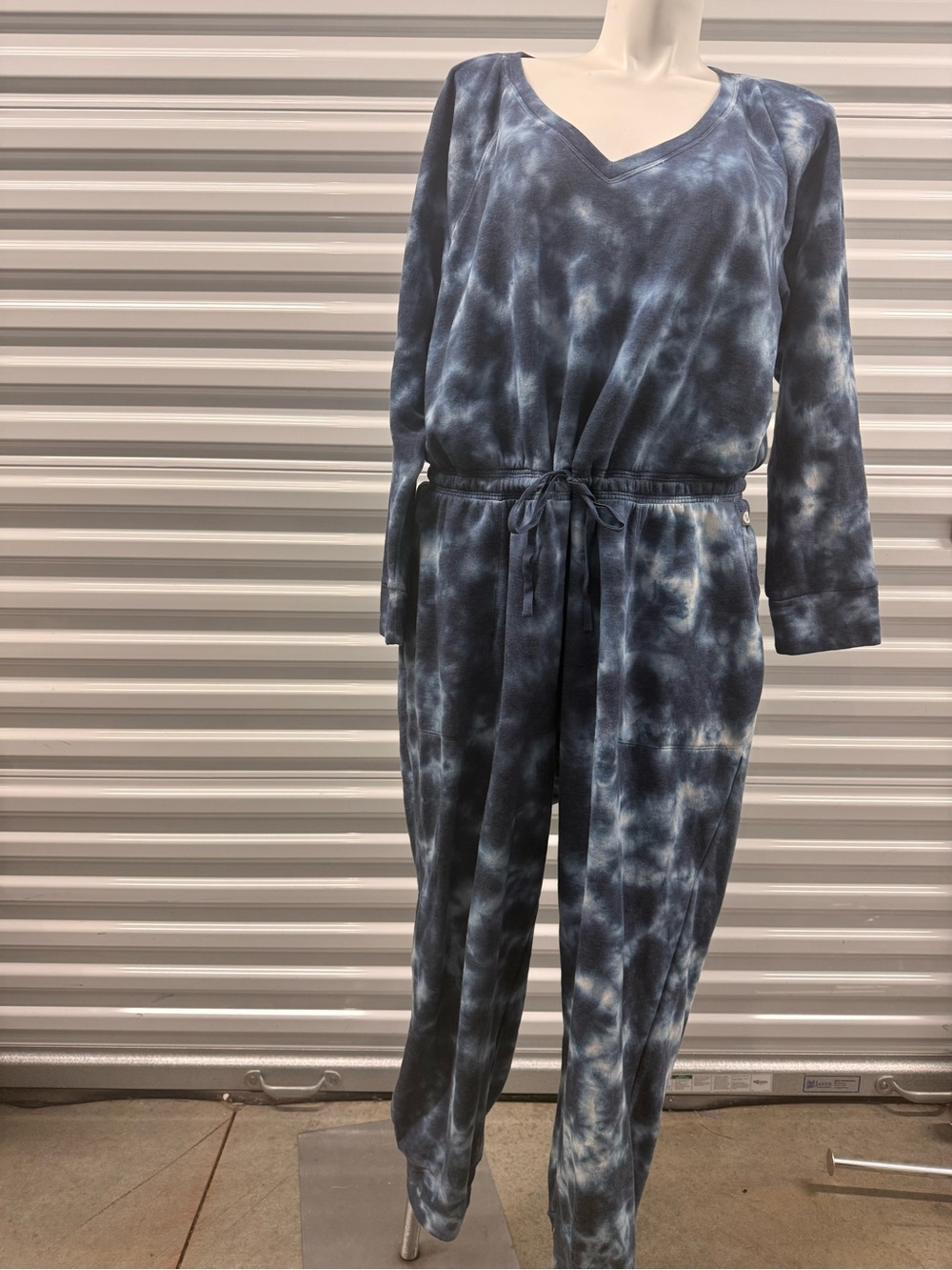 Tie-Dye V-Neck Drawstring Jumpsuit - Blue